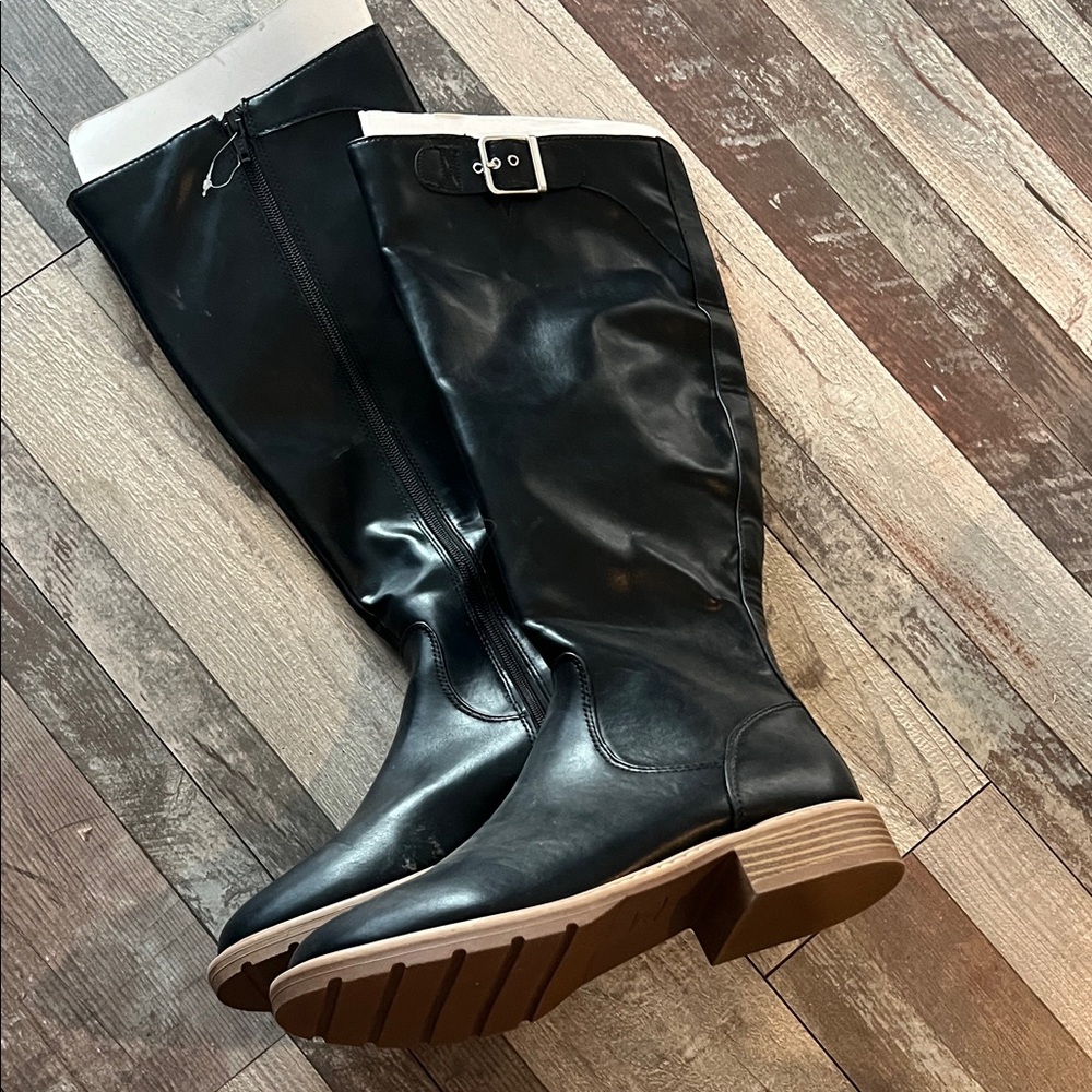 Time and Tru Black Over the Knee Boots with Tan Sole